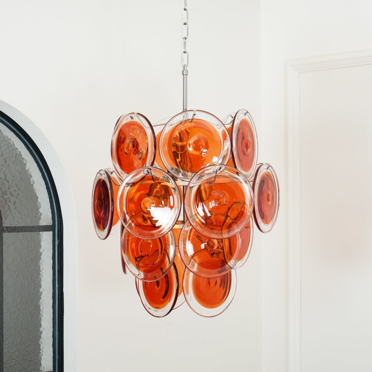 Modern Orange Glass Disc Chandelier with Nickel Frame