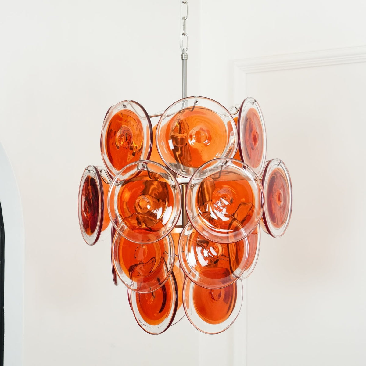 Modern Orange Glass Disc Chandelier with Nickel Frame