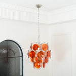 Modern Orange Glass Disc Chandelier with Nickel Frame