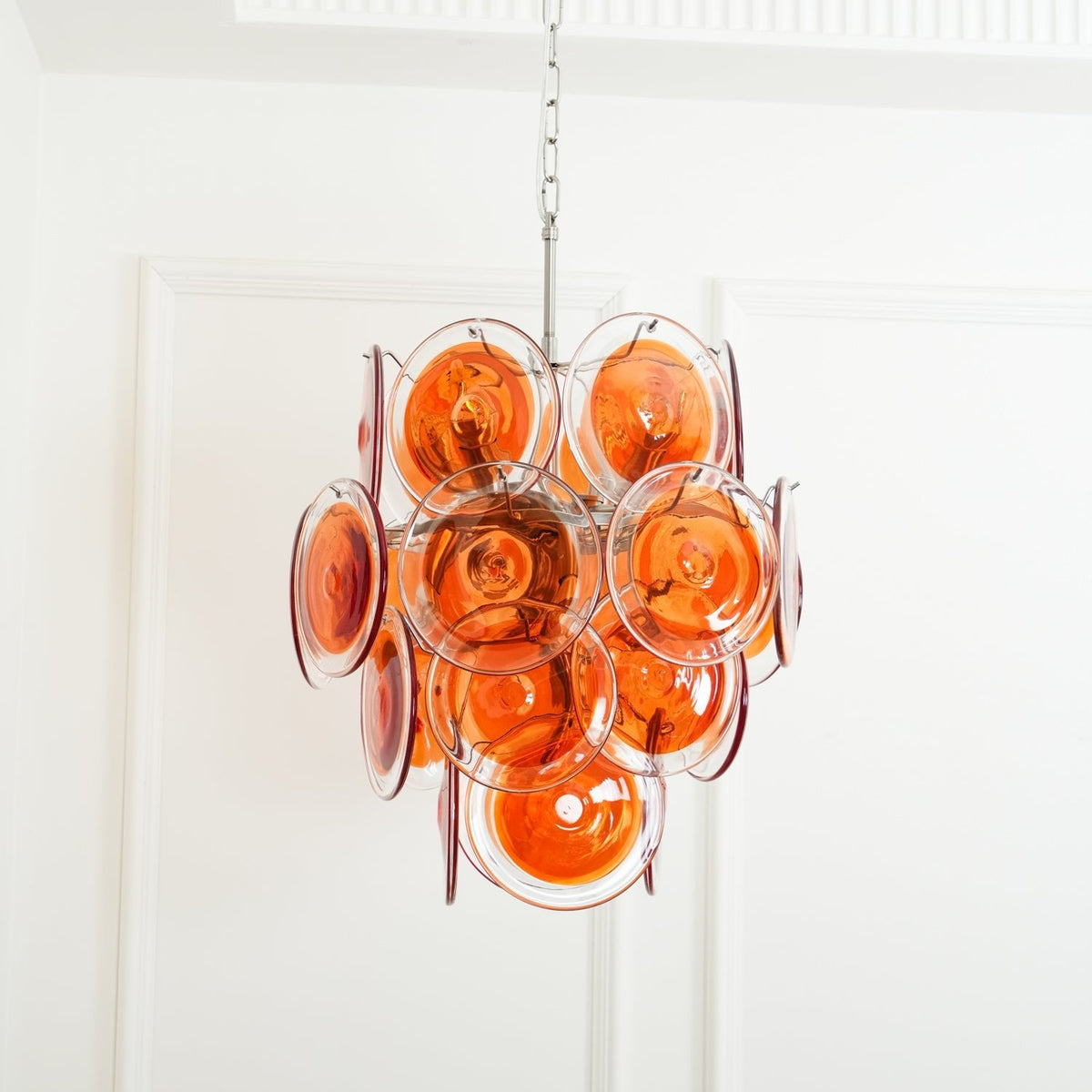 Modern Orange Glass Disc Chandelier with Nickel Frame