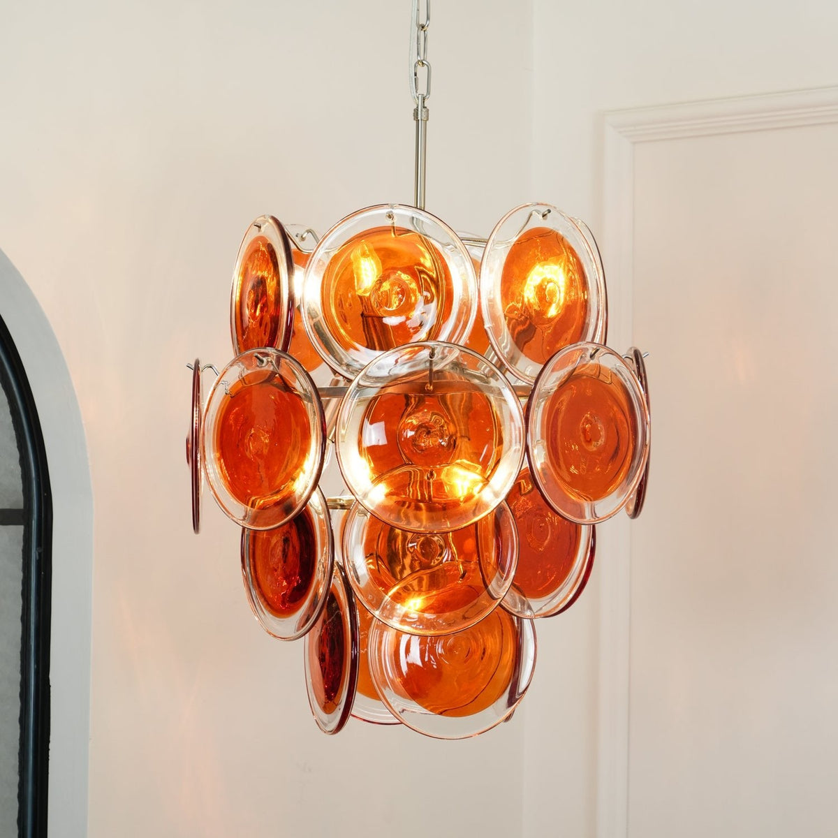 Modern Orange Glass Disc Chandelier with Nickel Frame