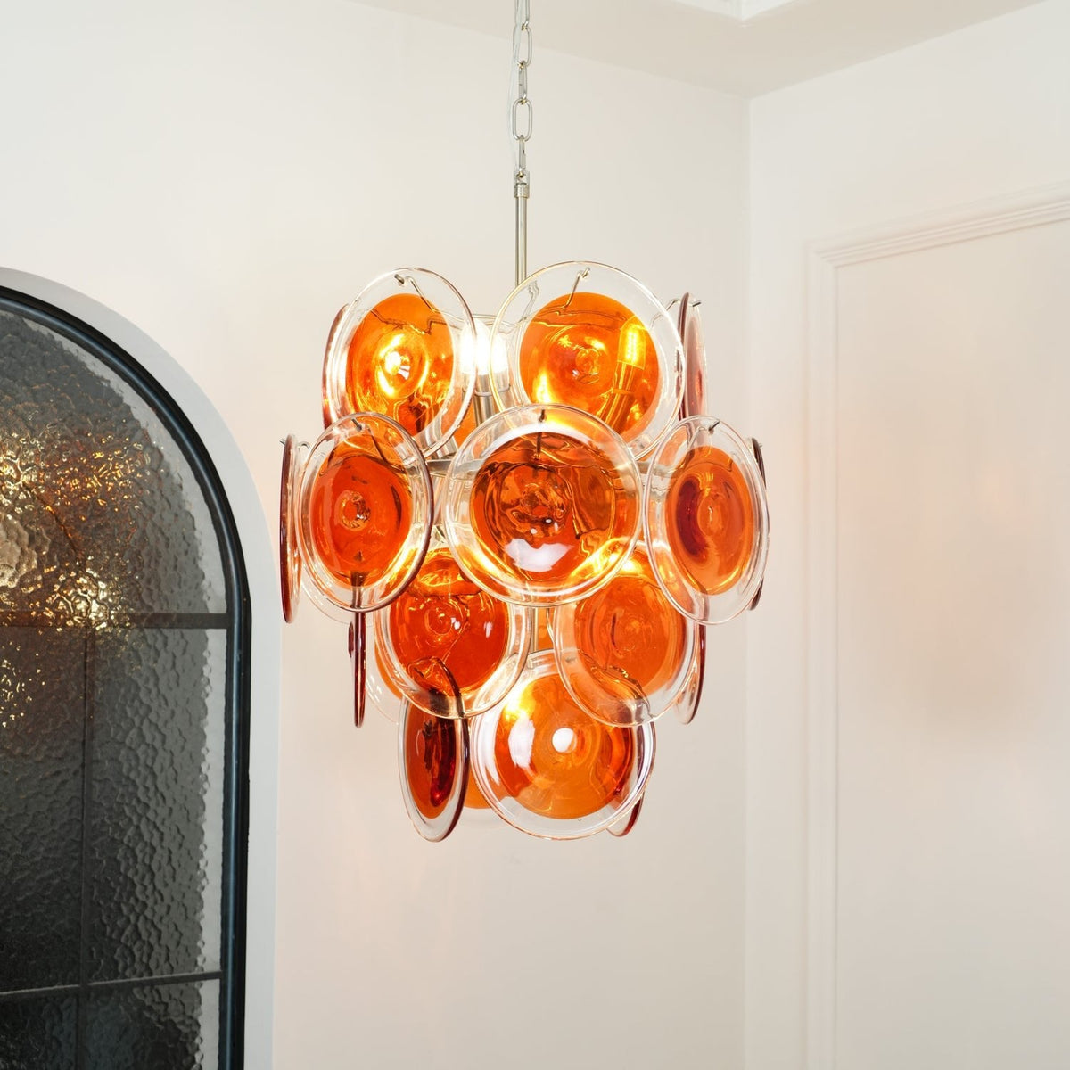 Modern Orange Glass Disc Chandelier with Nickel Frame