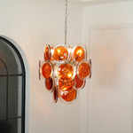 Modern Orange Glass Disc Chandelier with Nickel Frame