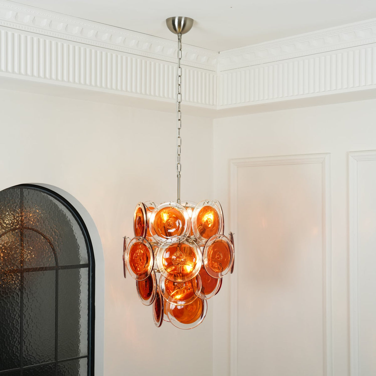 Modern Orange Glass Disc Chandelier with Nickel Frame