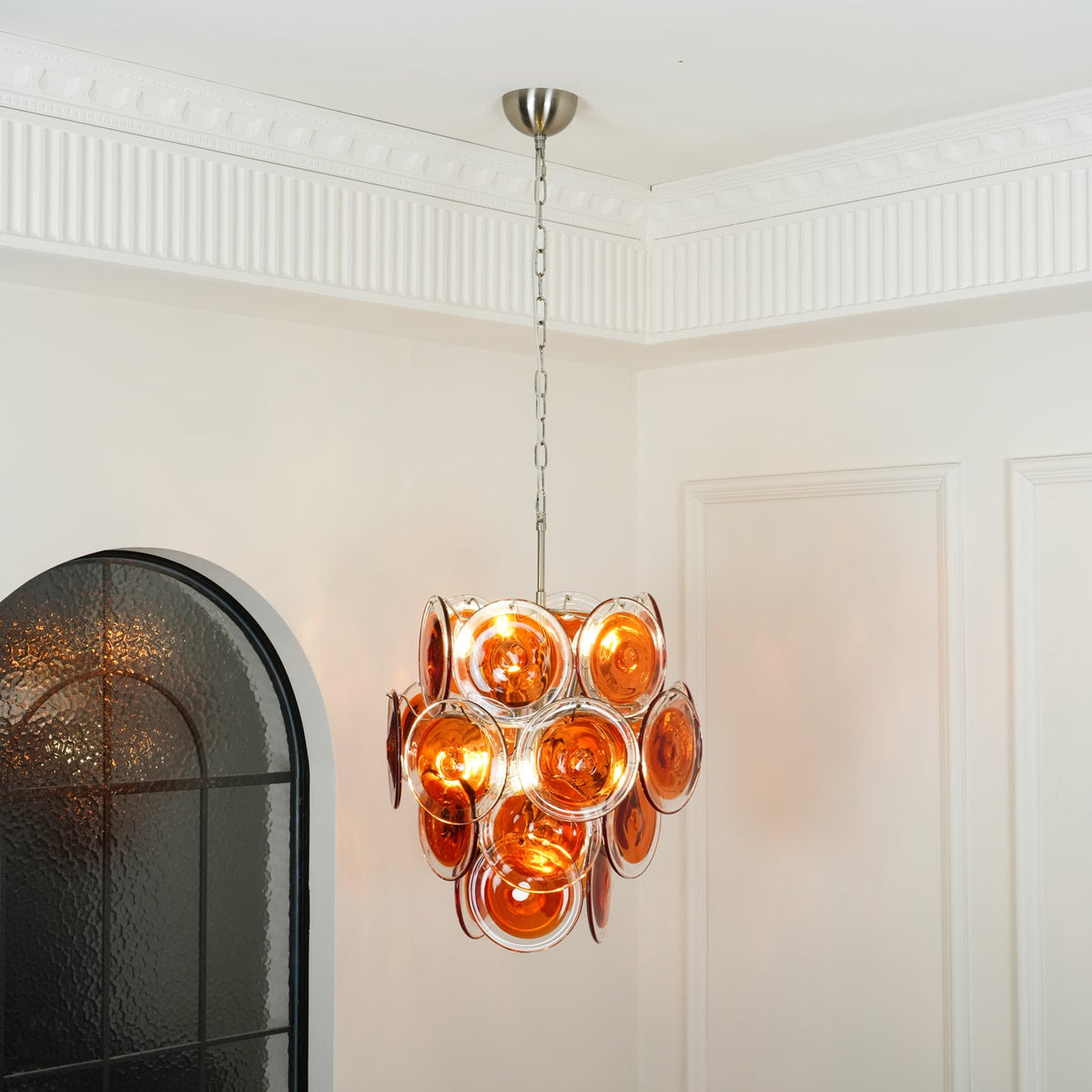 Modern Orange Glass Disc Chandelier with Nickel Frame