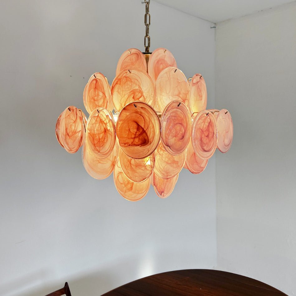 Modern Pink Glass Disc Chandelier with Nickel Frame