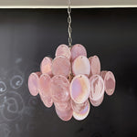 Modern Pink Glass Disc Chandelier with Nickel Frame