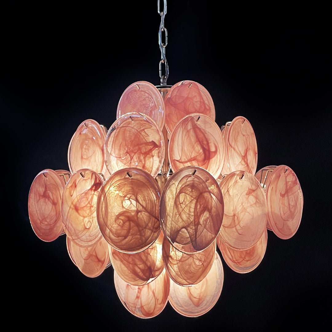 Modern Pink Glass Disc Chandelier with Nickel Frame