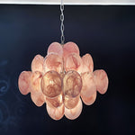 Modern Pink Glass Disc Chandelier with Nickel Frame