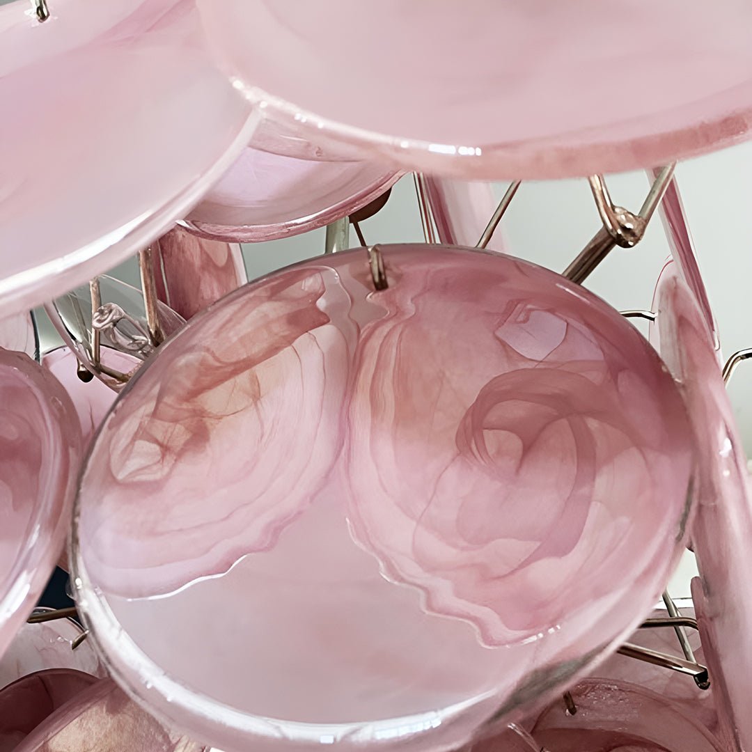 Modern Pink Glass Disc Chandelier with Nickel Frame
