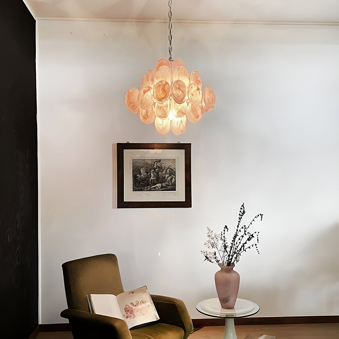 Modern Pink Glass Disc Chandelier with Nickel Frame