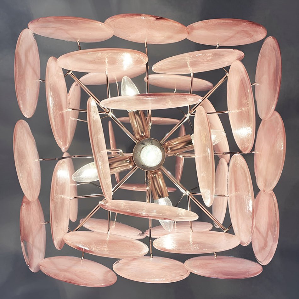 Modern Pink Glass Disc Chandelier with Nickel Frame