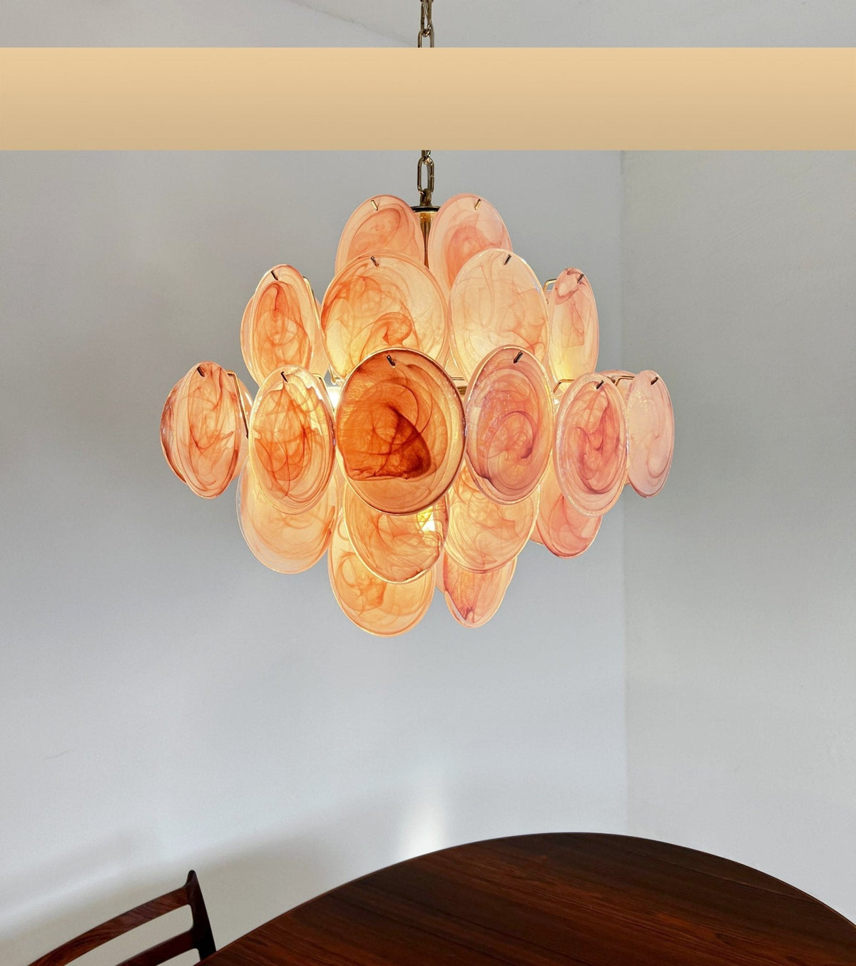 Modern Pink Glass Disc Chandelier with Nickel Frame
