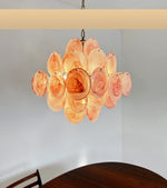 Modern Pink Glass Disc Chandelier with Nickel Frame