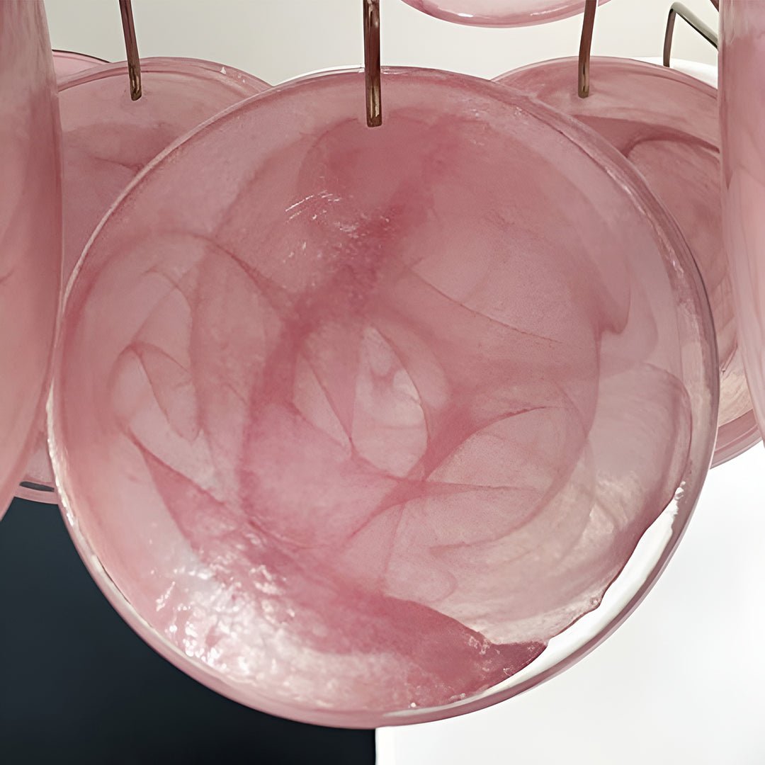 Modern Pink Glass Disc Chandelier with Nickel Frame