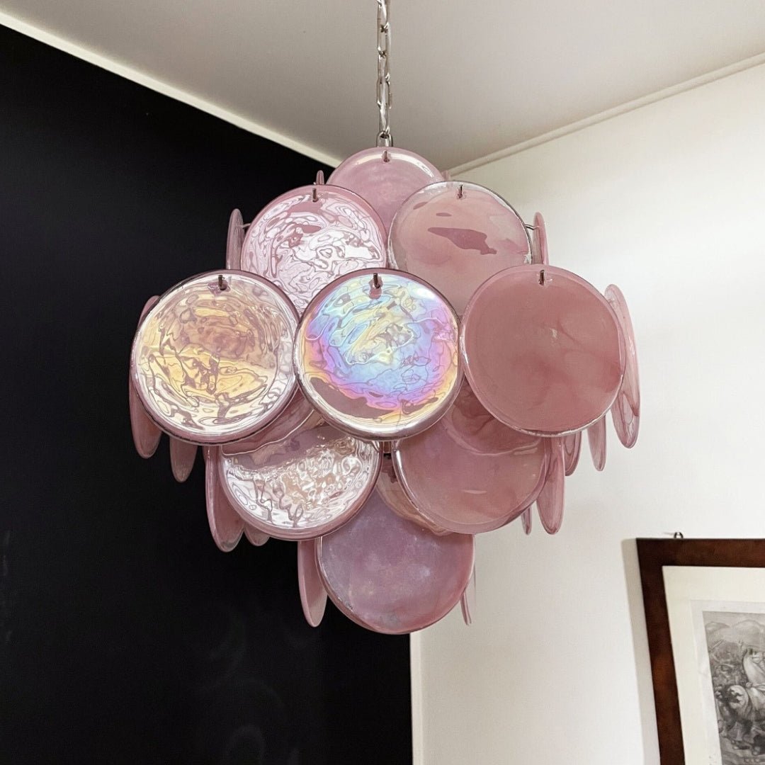 Modern Pink Glass Disc Chandelier with Nickel Frame