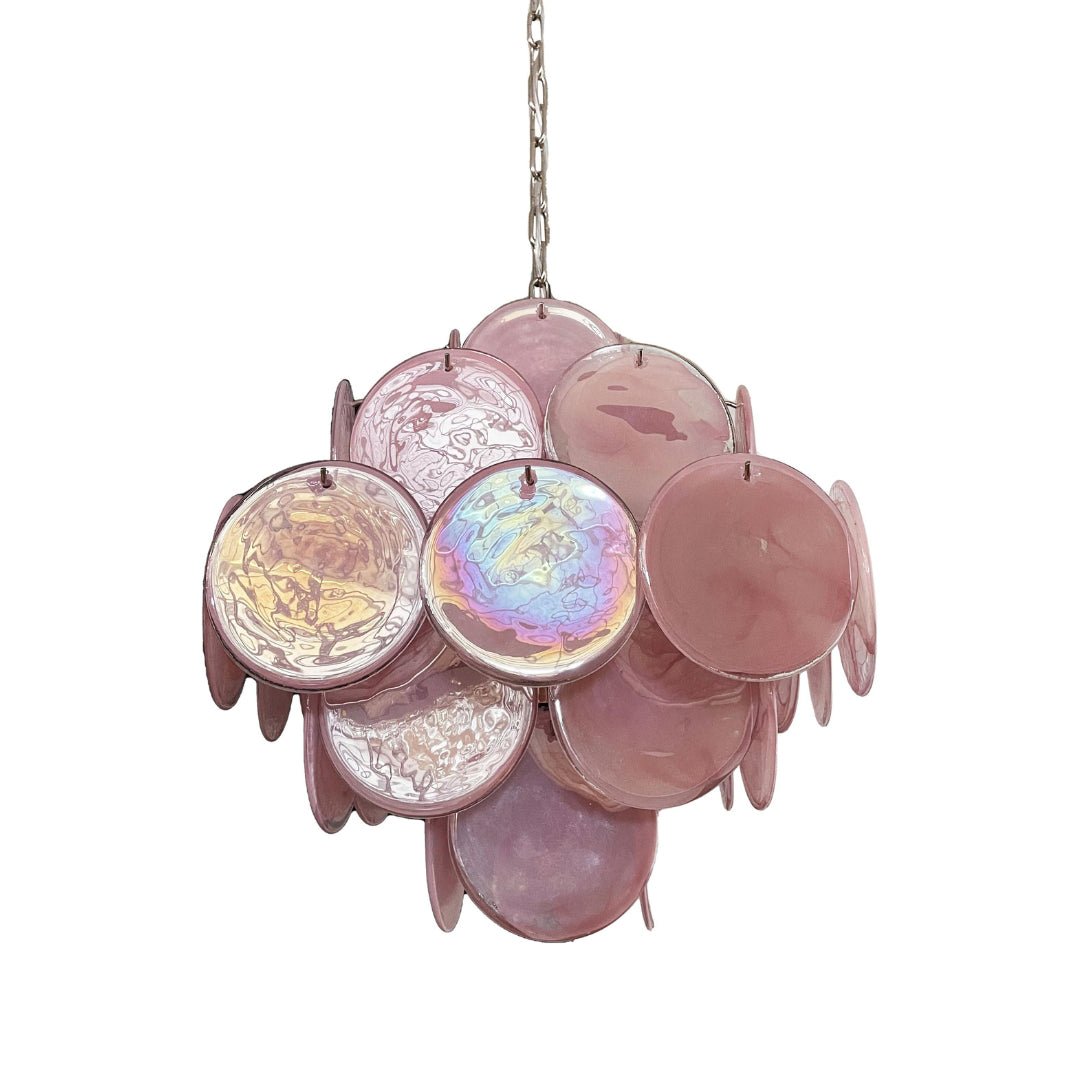 Modern Pink Glass Disc Chandelier with Nickel Frame