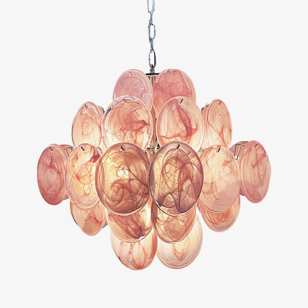 Modern Pink Glass Disc Chandelier with Nickel Frame