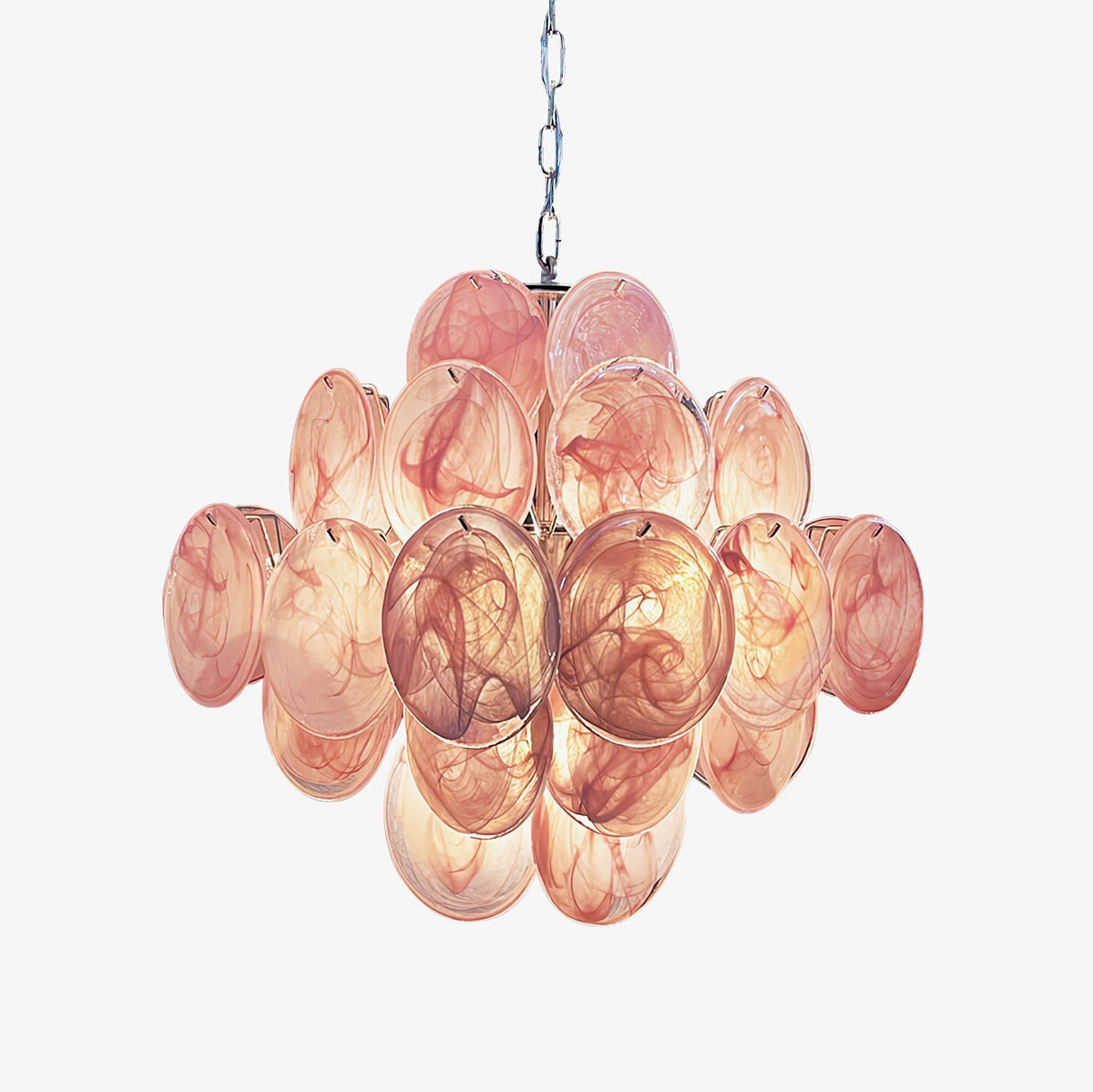 Modern Pink Glass Disc Chandelier with Nickel Frame