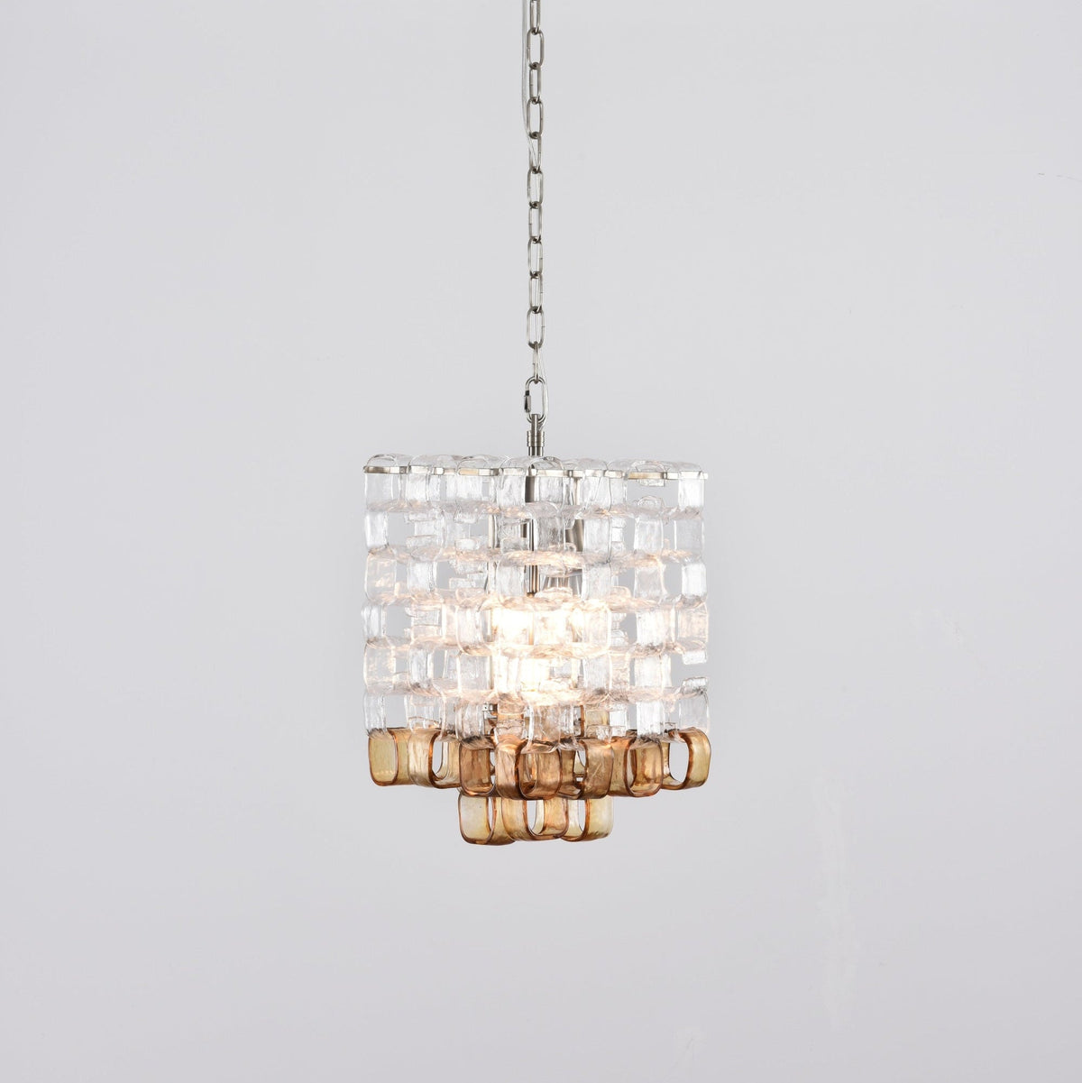 Interlocking Glass Chandelier with Amber Cups and Chrome Frame
