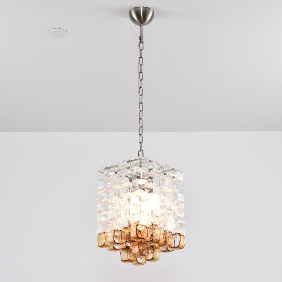 Interlocking Glass Chandelier with Amber Cups and Chrome Frame