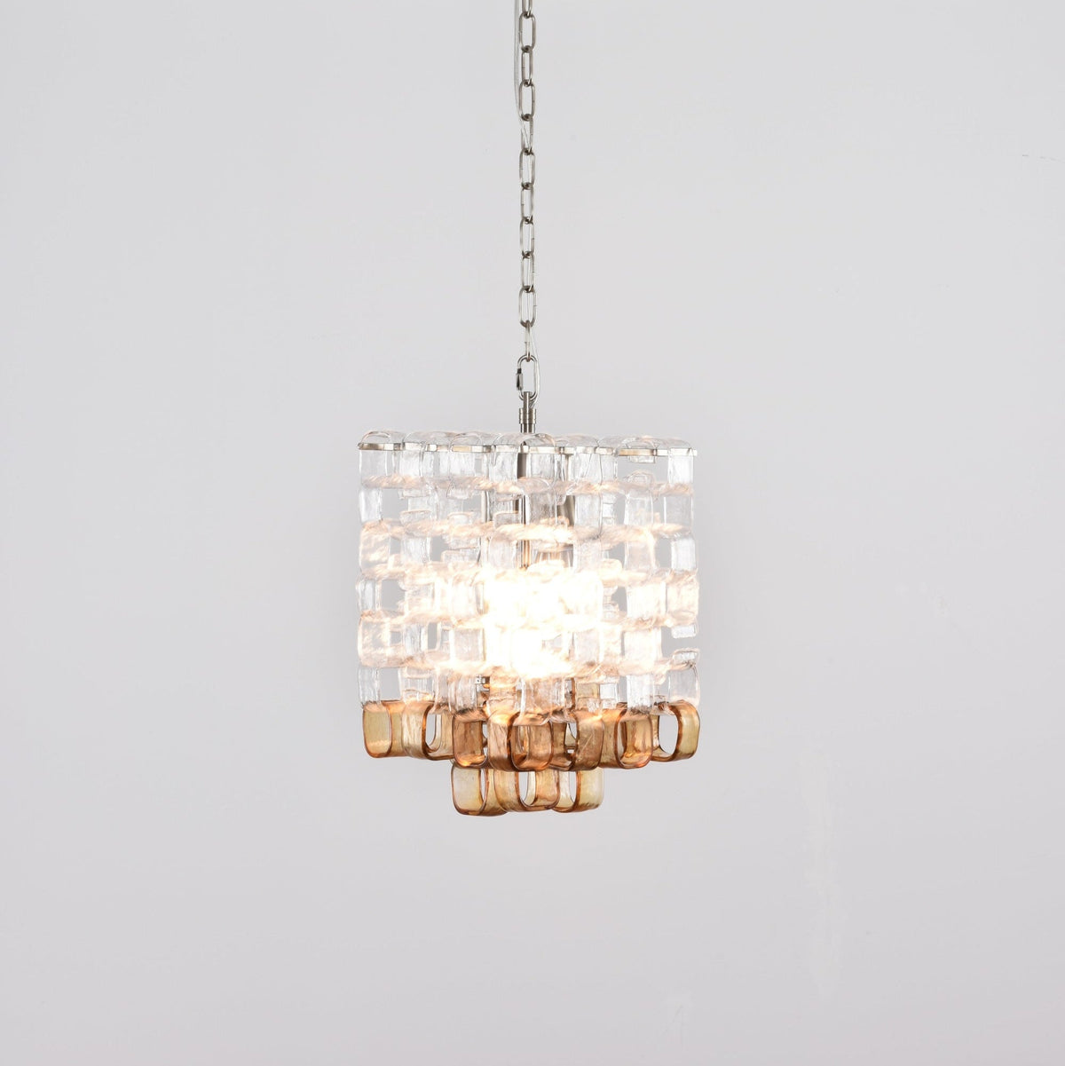 Interlocking Glass Chandelier with Amber Cups and Chrome Frame