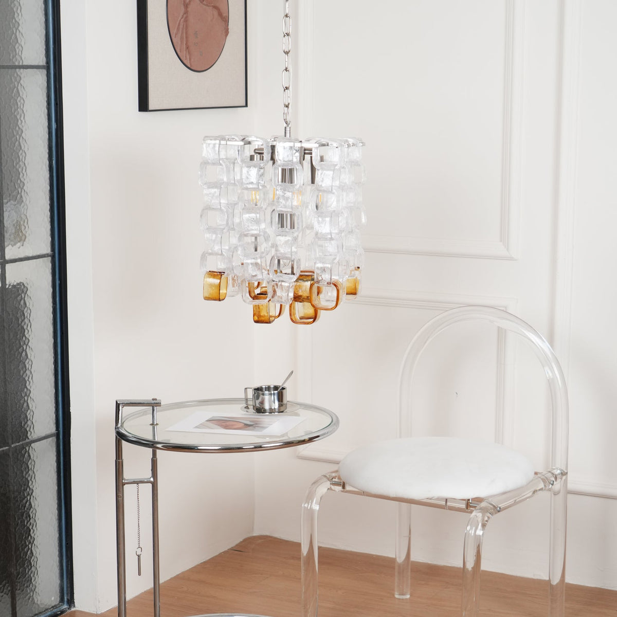 Interlocking Glass Chandelier with Amber Cups and Chrome Frame