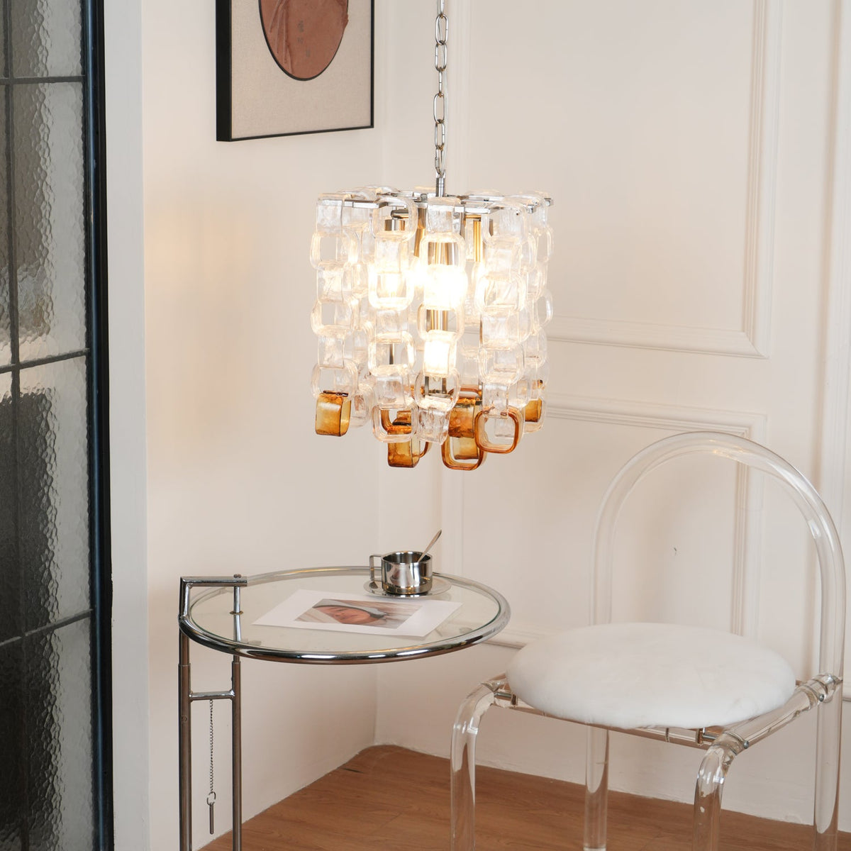 Interlocking Glass Chandelier with Amber Cups and Chrome Frame