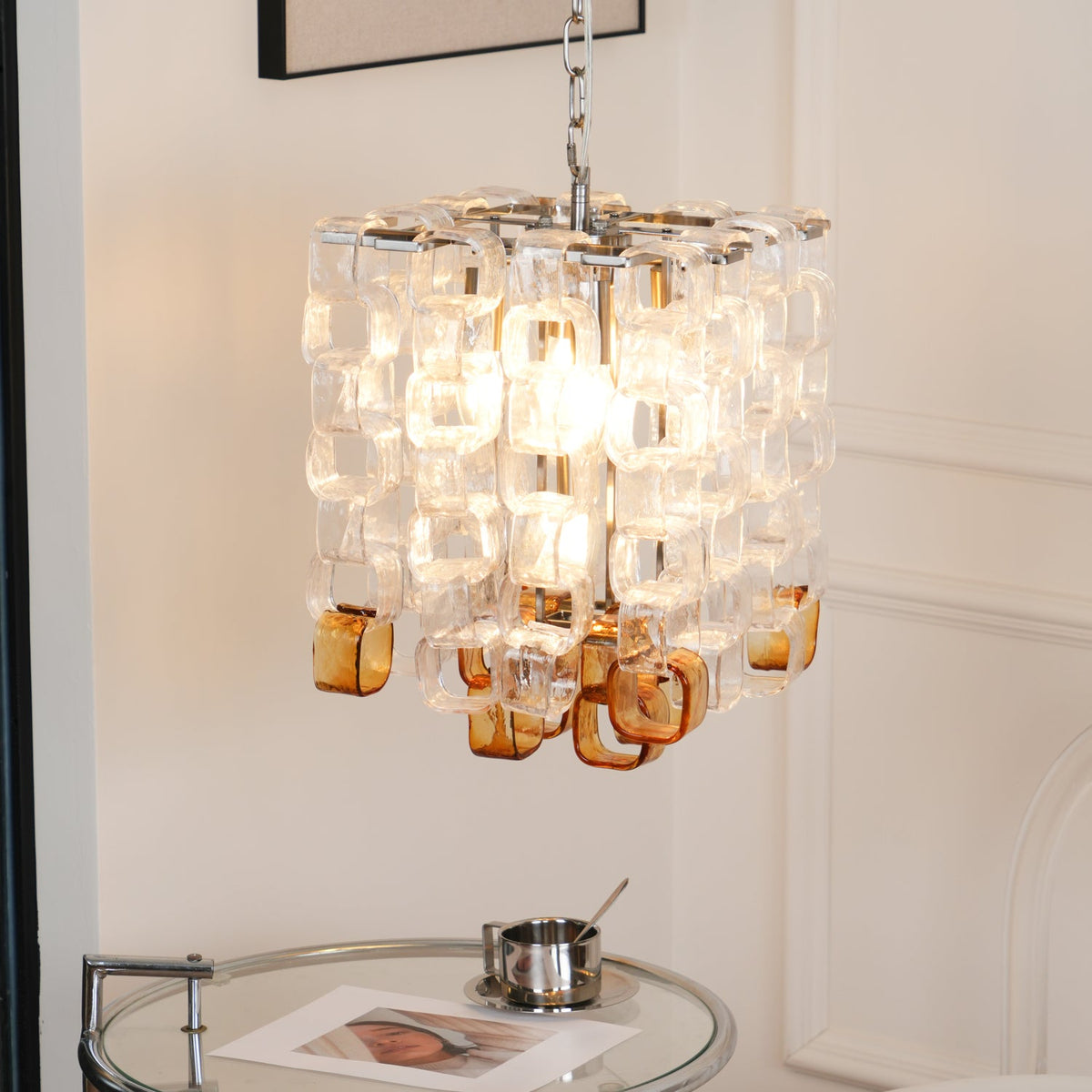 Interlocking Glass Chandelier with Amber Cups and Chrome Frame