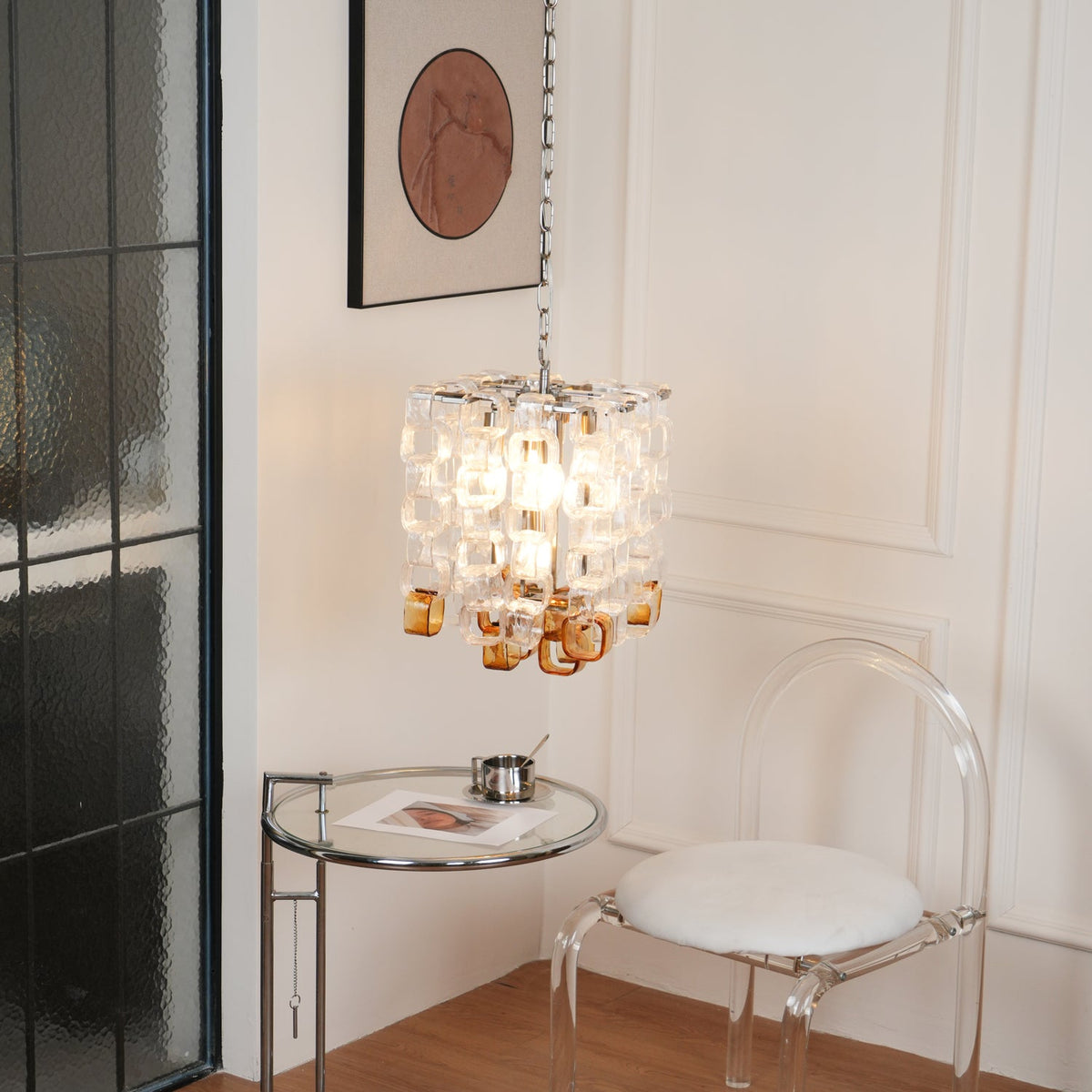 Interlocking Glass Chandelier with Amber Cups and Chrome Frame