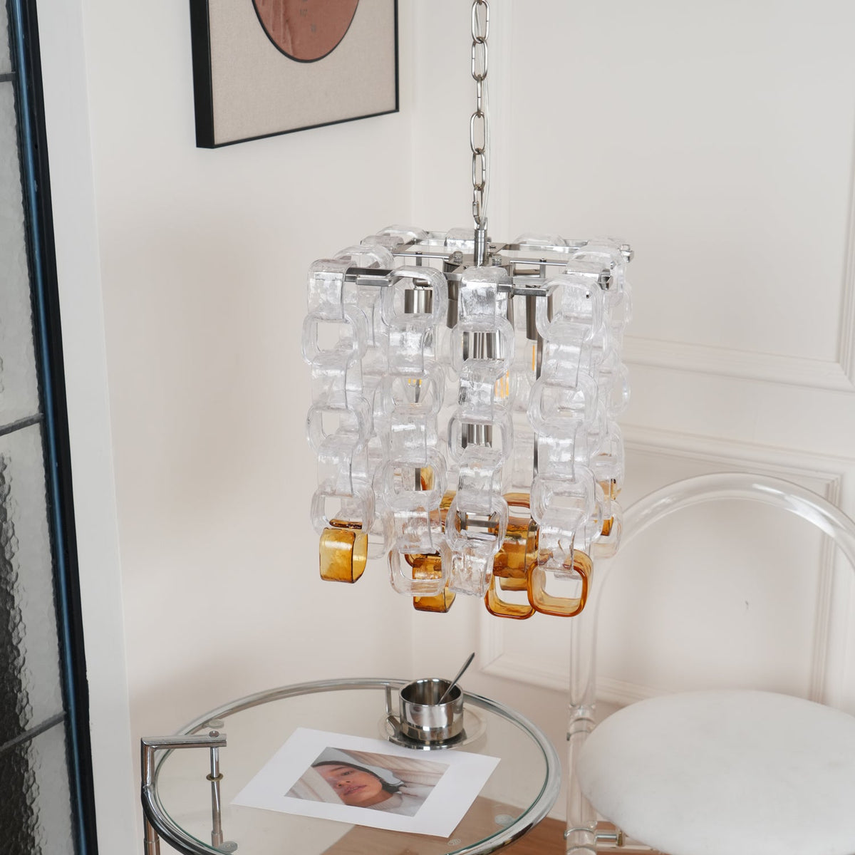 Interlocking Glass Chandelier with Amber Cups and Chrome Frame