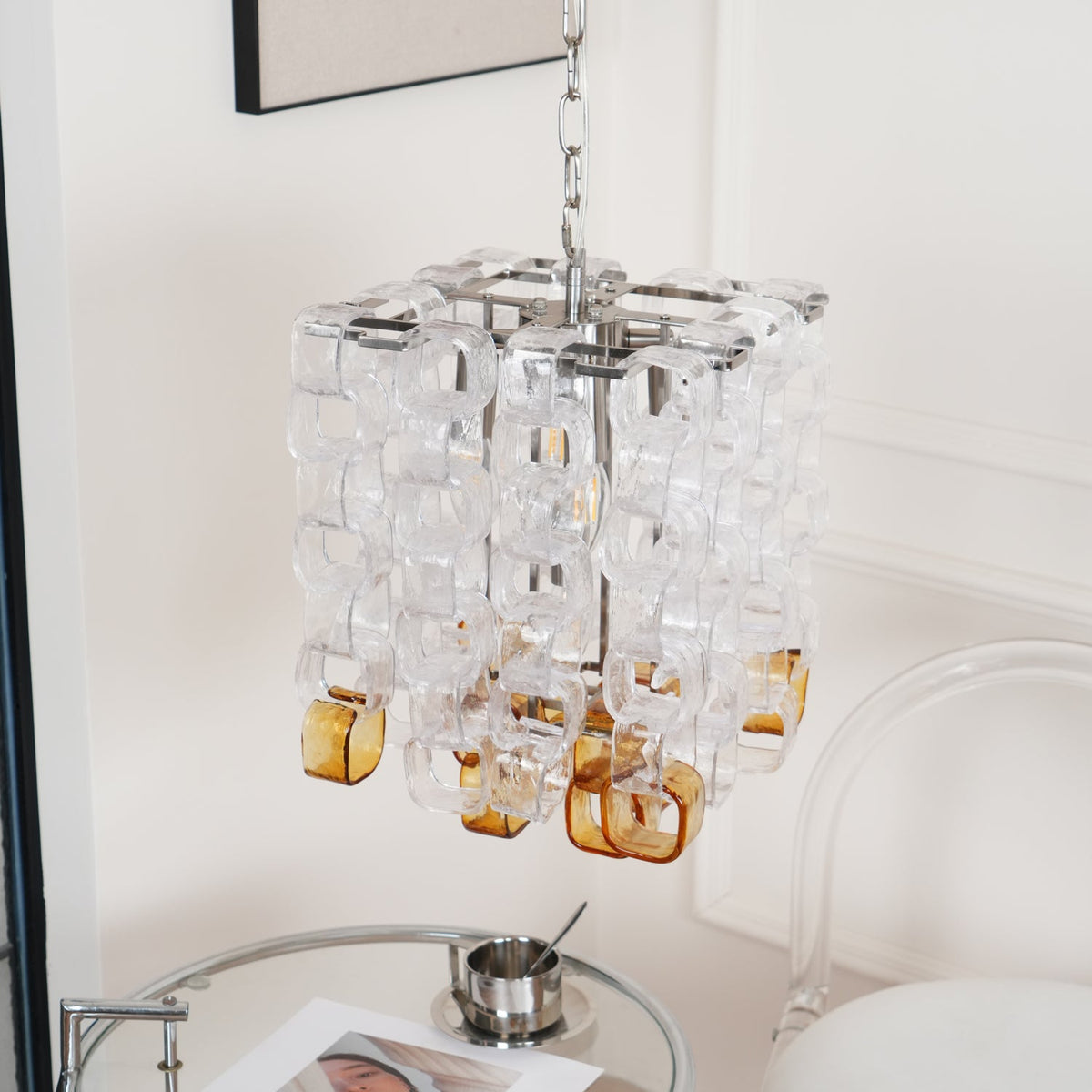 Interlocking Glass Chandelier with Amber Cups and Chrome Frame