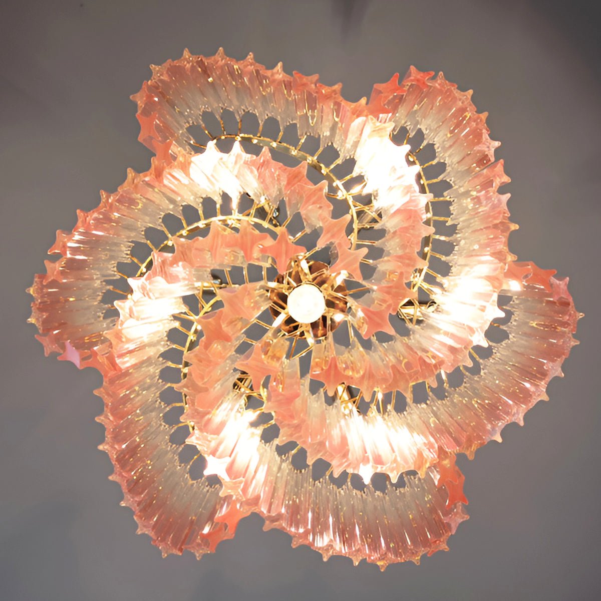 Blush Pink Glass Prism Chandelier with Gold Accents