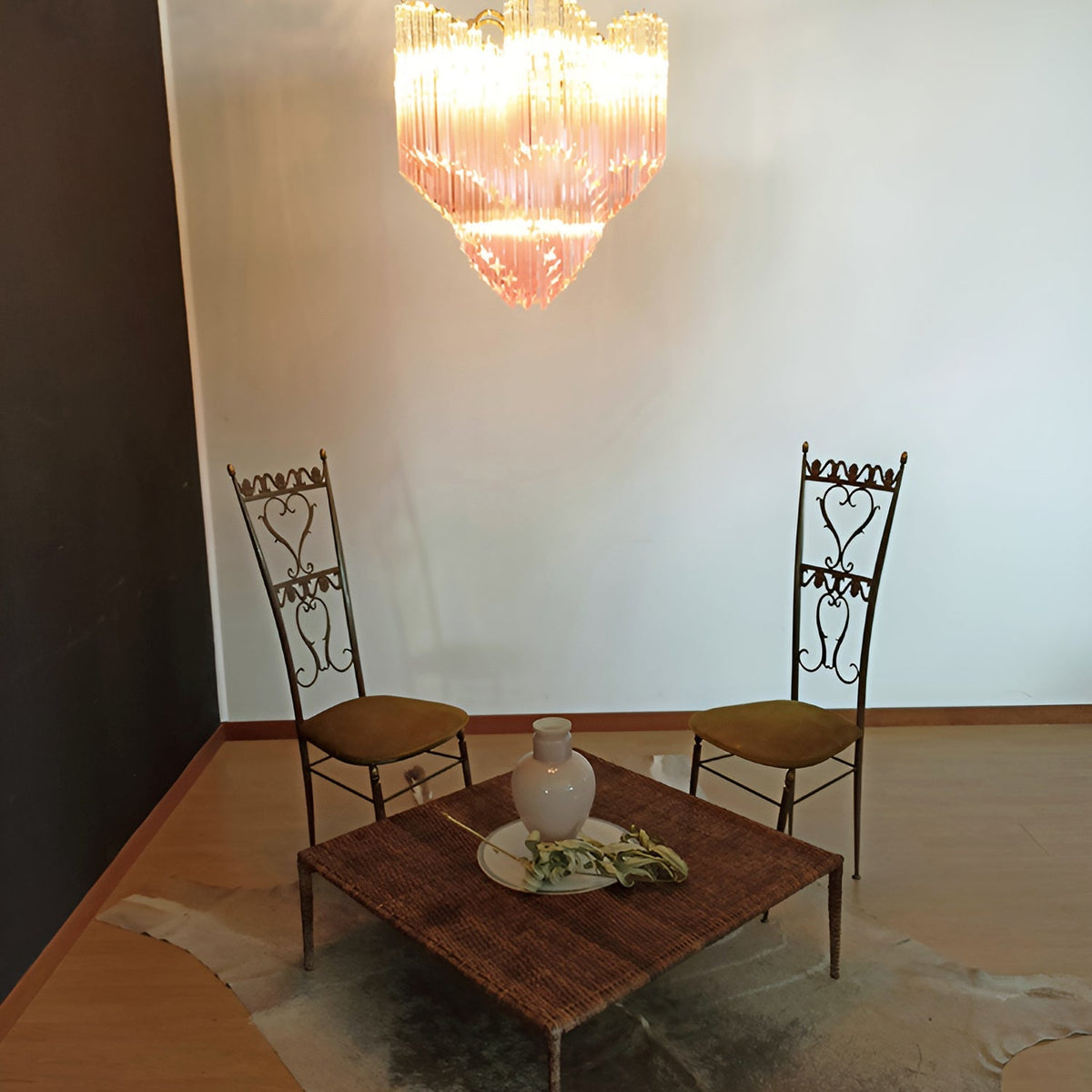 Blush Pink Glass Prism Chandelier with Gold Accents