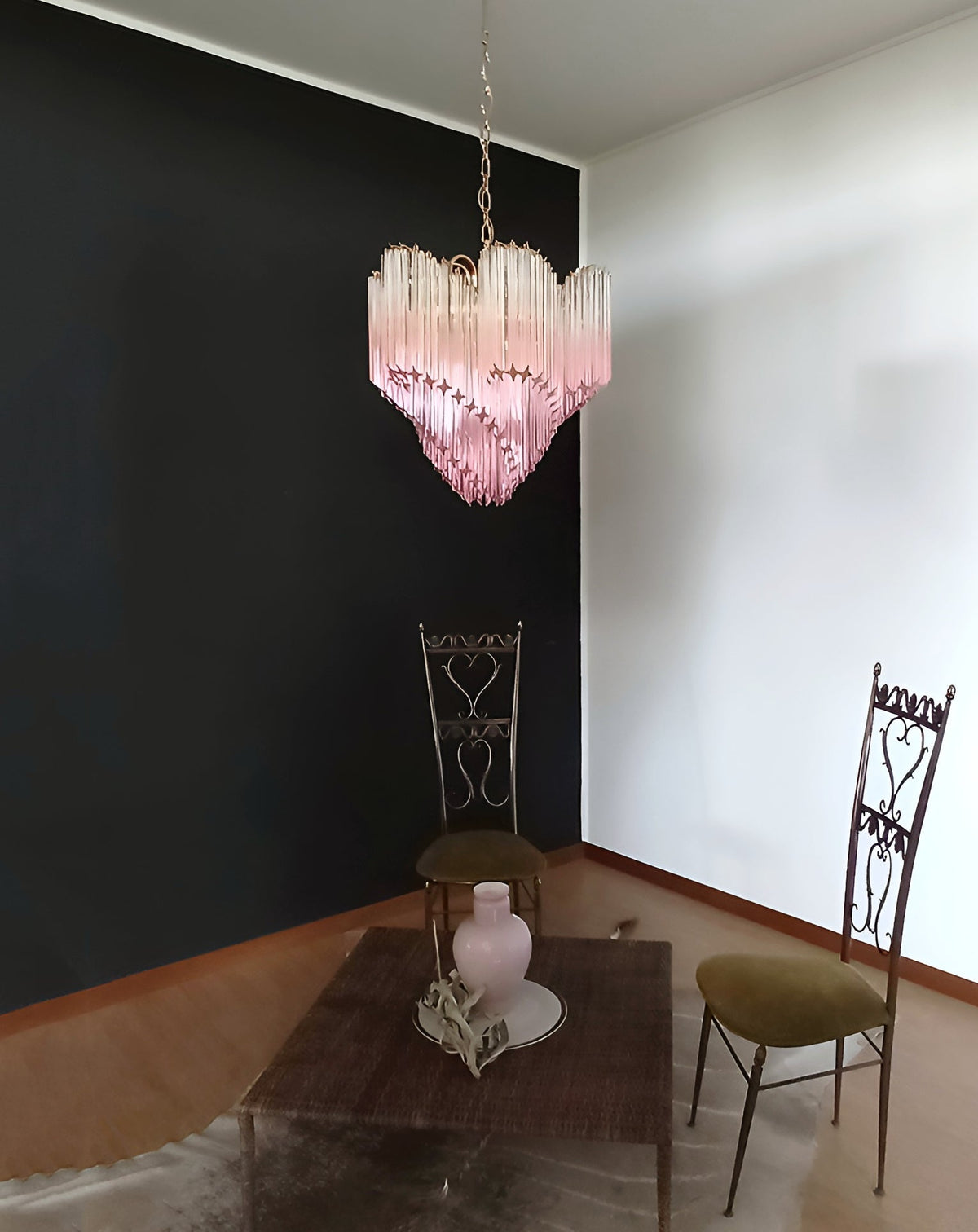 Blush Pink Glass Prism Chandelier with Gold Accents