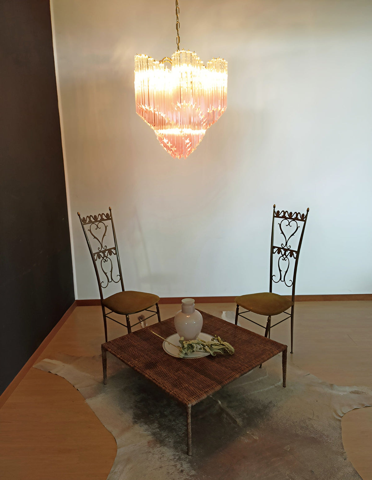 Blush Pink Glass Prism Chandelier with Gold Accents