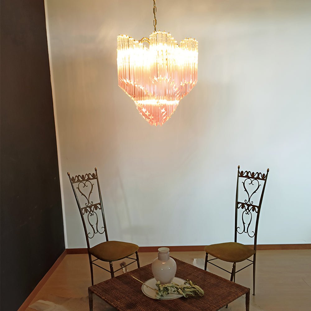 Blush Pink Glass Prism Chandelier with Gold Accents