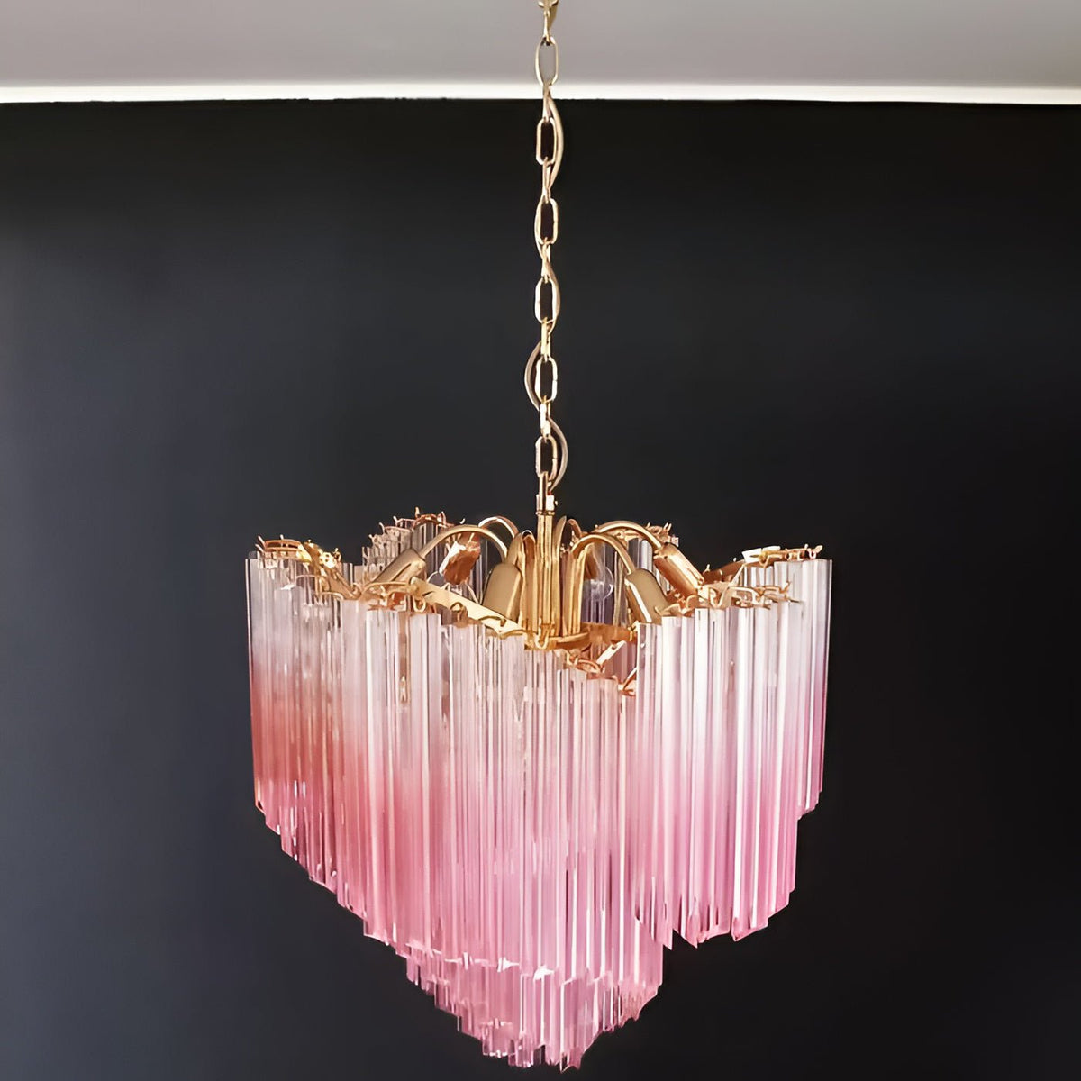 Blush Pink Glass Prism Chandelier with Gold Accents