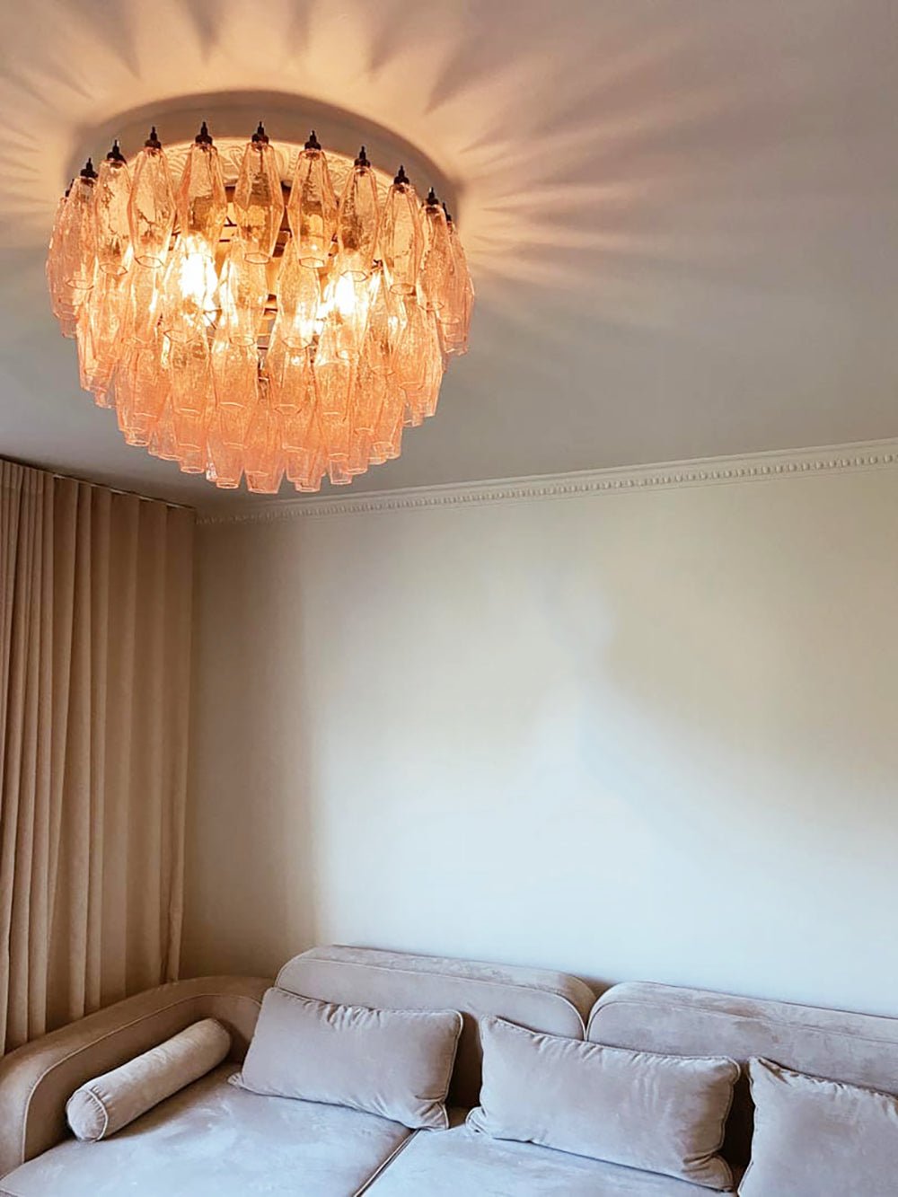 Rhombus Pink Glass Ceiling Light – Art Deco Flush Mount in Gold
