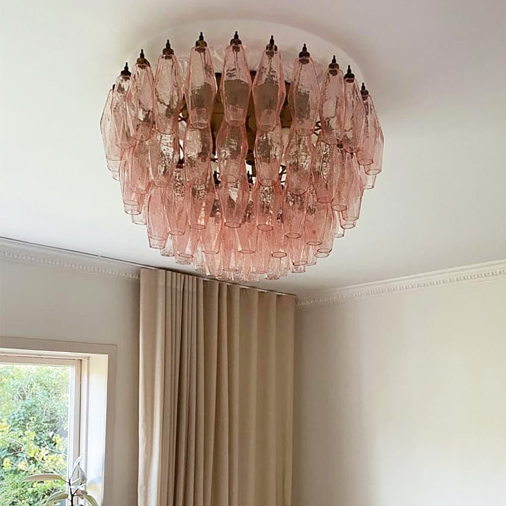 Rhombus Pink Glass Ceiling Light – Art Deco Flush Mount in Gold