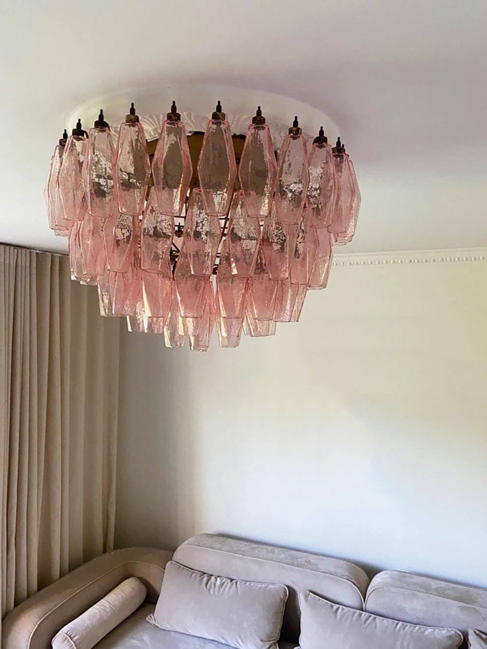 Rhombus Pink Glass Ceiling Light – Art Deco Flush Mount in Gold
