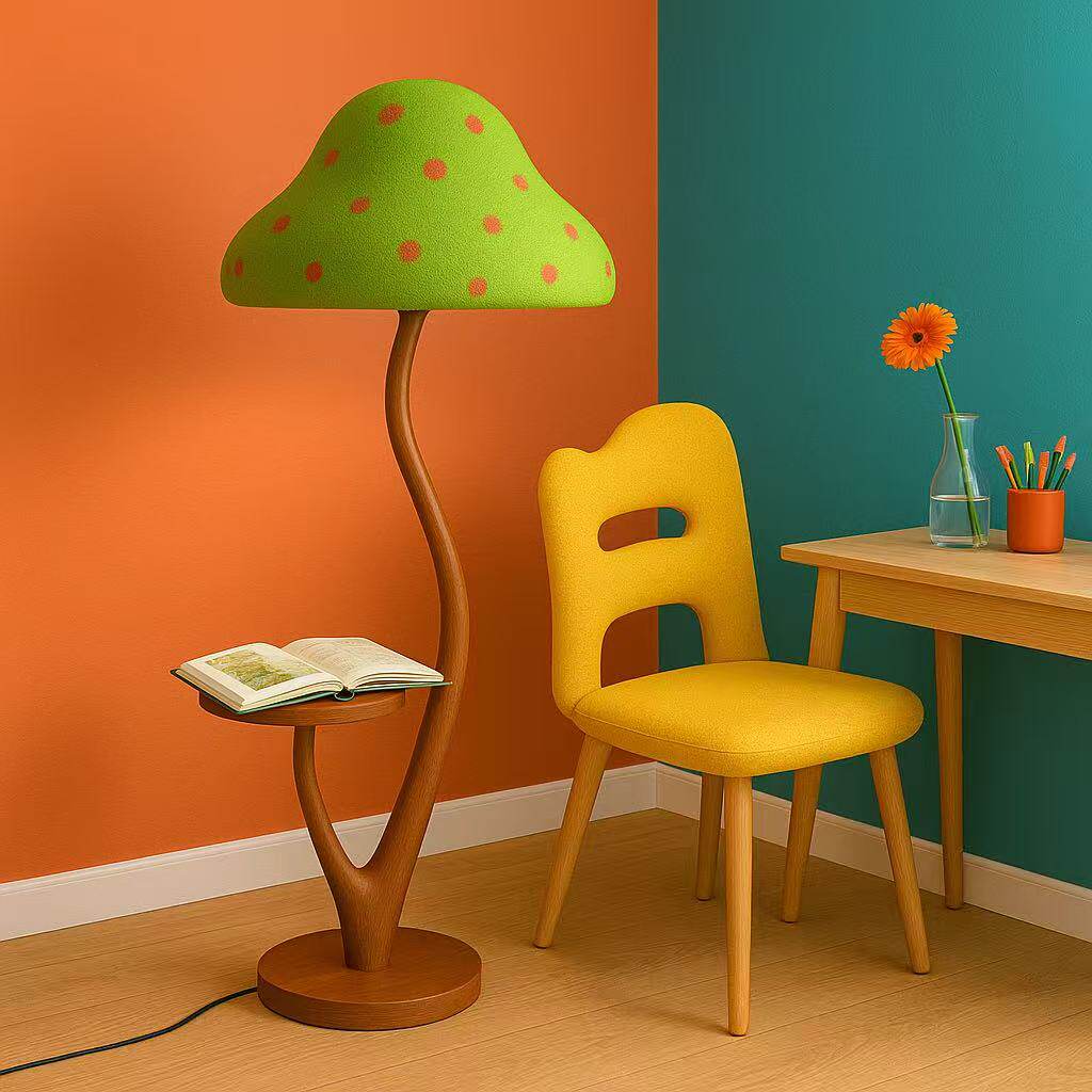 Mushroom Grove Floor Lamp with Walnut Side Table, Green Shade