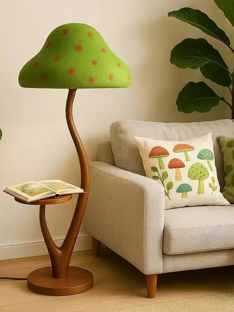 Mushroom Grove Floor Lamp with Walnut Side Table, Green Shade