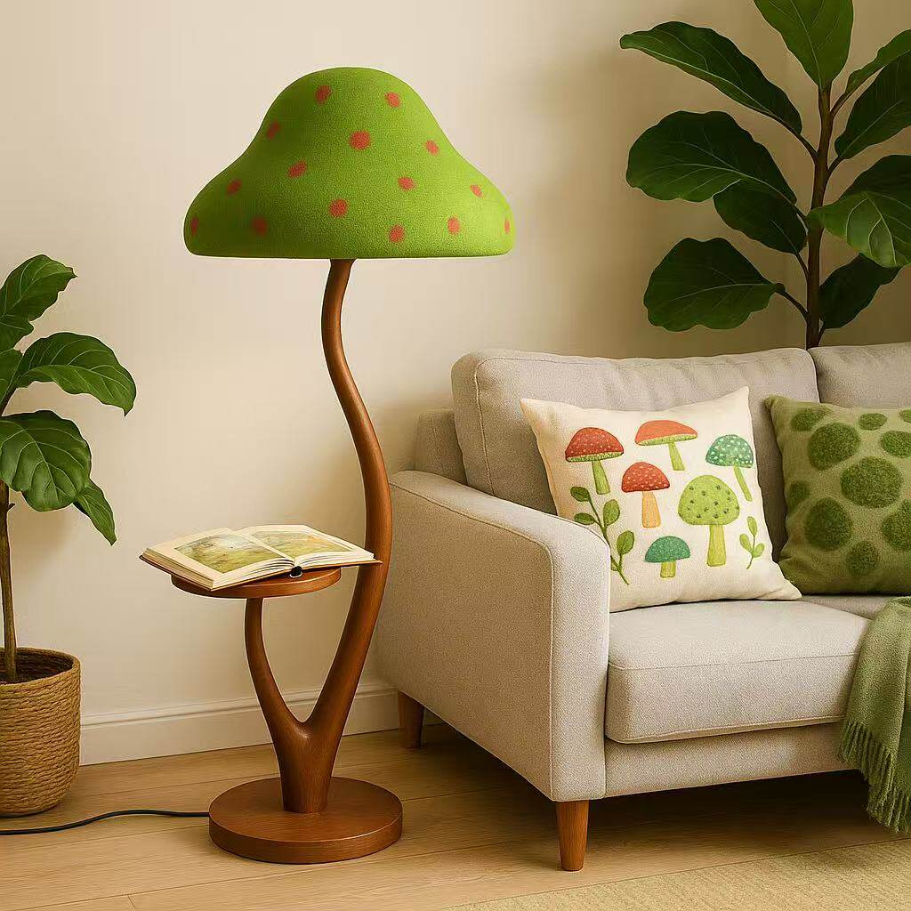Mushroom Grove Floor Lamp with Walnut Side Table, Green Shade