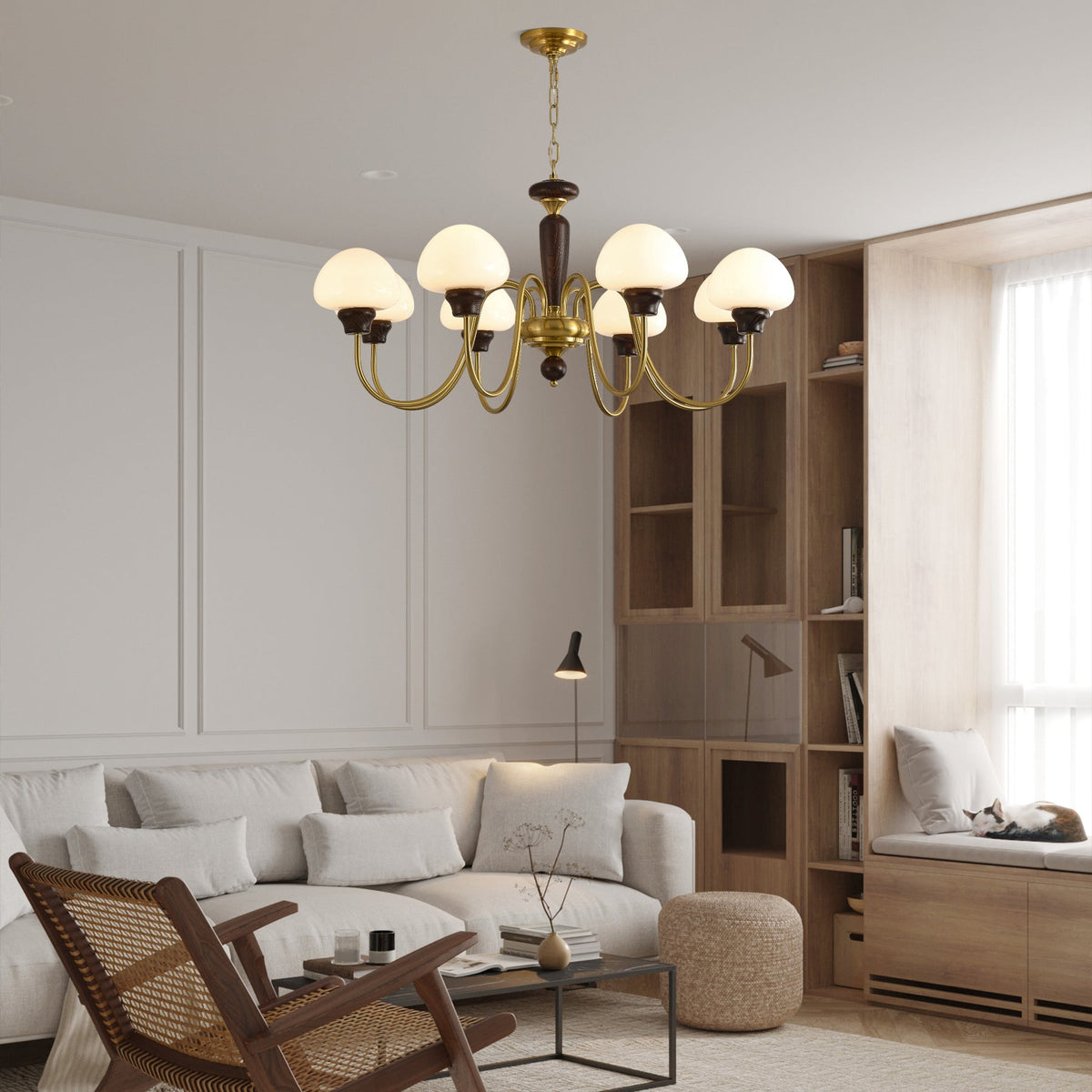 Mushroom Cap Chandelier in Walnut and Gold with Opal Glass Shades