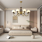 Mushroom Cap Chandelier in Walnut and Gold with Opal Glass Shades