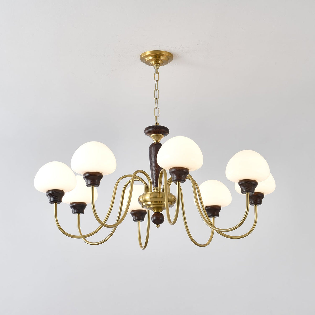 Mushroom Cap Chandelier in Walnut and Gold with Opal Glass Shades