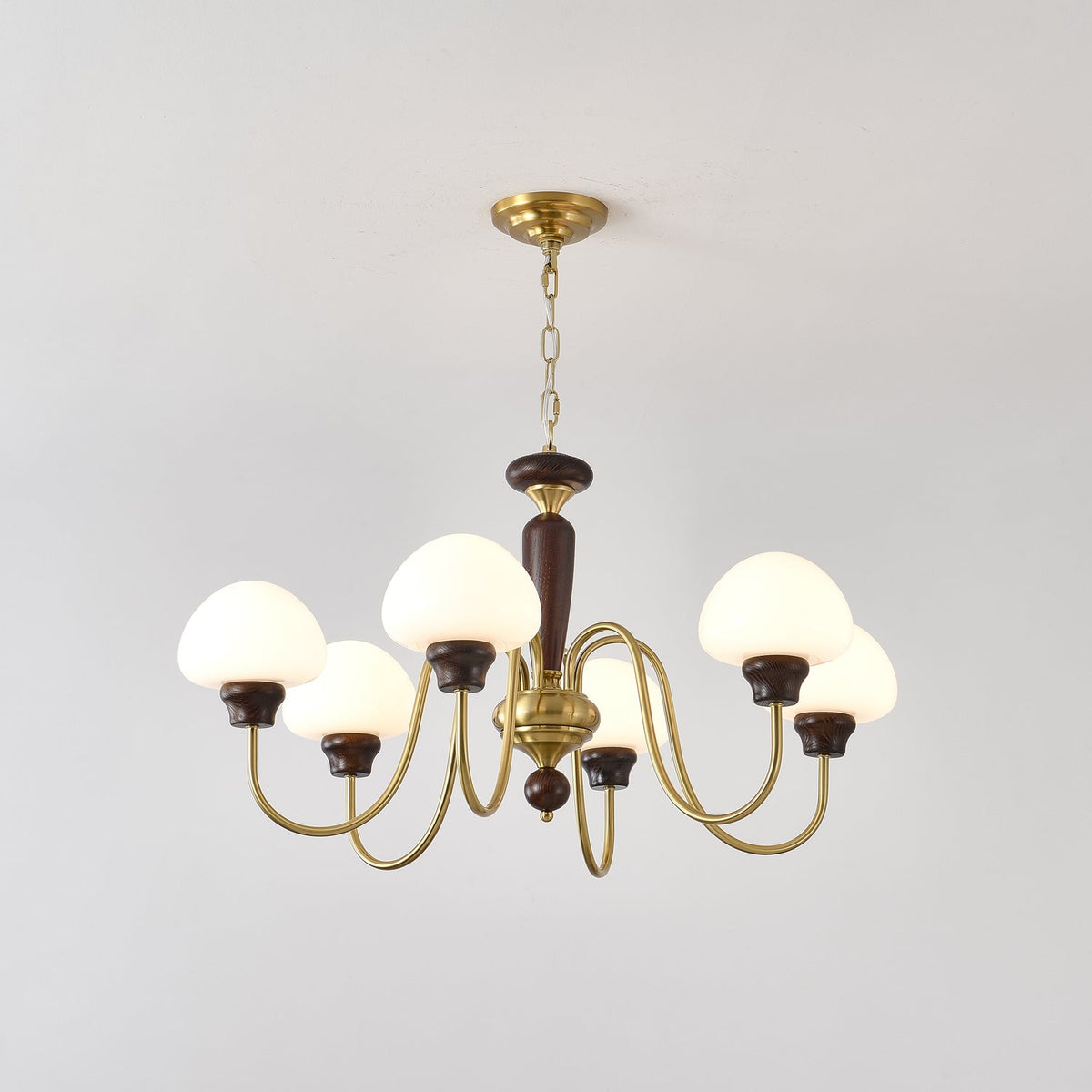 Mushroom Cap Chandelier in Walnut and Gold with Opal Glass Shades