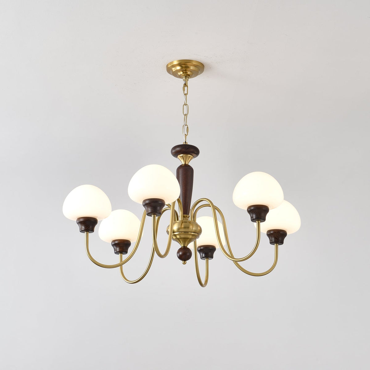 Mushroom Cap Chandelier in Walnut and Gold with Opal Glass Shades
