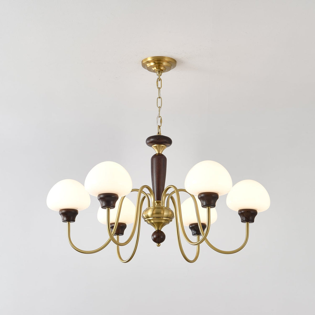 Mushroom Cap Chandelier in Walnut and Gold with Opal Glass Shades
